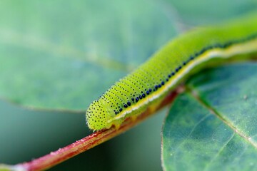 Close-Up of a Green Caterpillar on a Leaf Stem