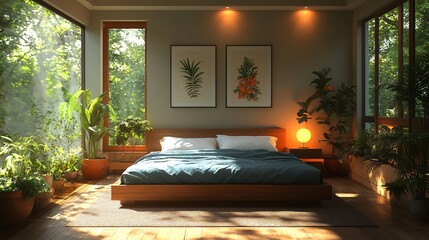 Serene Bedroom with Rainy Atmosphere
