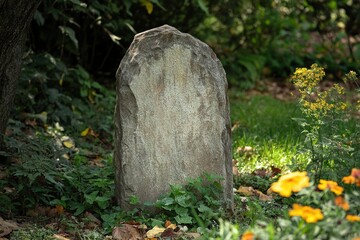 Ancient weathered stone grave marker tribute