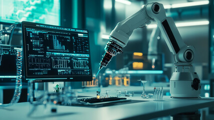 Robotic Arm in Modern Laboratory with Computer Screen and Test Tubes