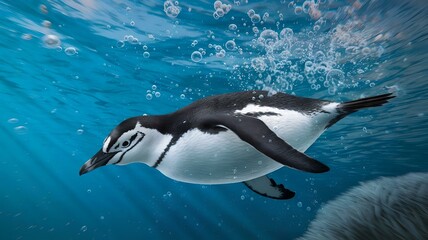 Chinstrap Penguin Swimming Underwater with Bubbles in Vibrant Blue Ocean