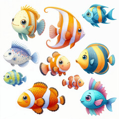 Fototapeta premium Cute cartoon set with fishes on white background. AI
