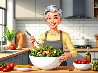 The picture features a woman with a colorful meal, representing a balanced diet for older people. It highlights food choices and recipes that help lose belly fat efficiently.