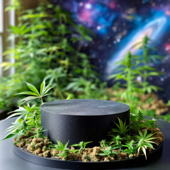 black carbon fibre empty display podium mock-up, cannabis podium surrounded weed leaves, cannabis plants, space nebula galaxy background, ad, podium platform, product presentation space