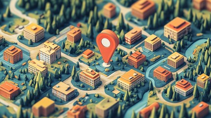 Fototapeta premium A vibrant, 3D miniature map showcasing buildings, trees, and a prominent location marker, symbolizing navigation and urban design.