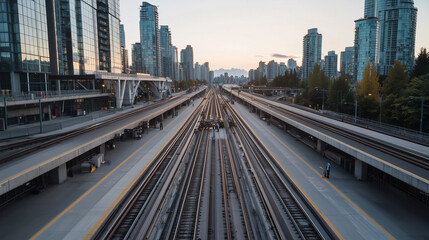 Skytrain Repair Station with Engineers Working on Elevated Tracks