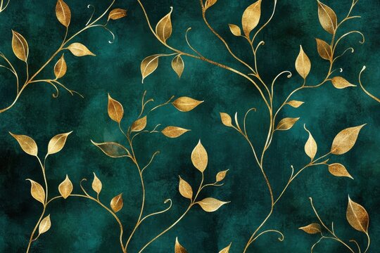 Charming watercolor background showcasing golden twigs and foliage in line art style. Botanical green wallpaper perfect for banner design, fabric, prints, and decorative use