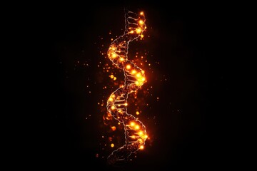 Image of a twirling dna strand featuring radiating points of light on a dark background