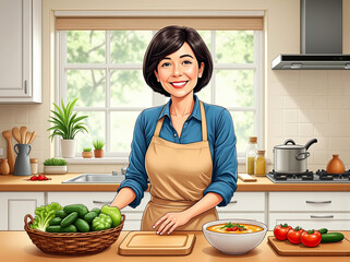 The picture features a woman with a colorful meal, representing a balanced diet for older people. It highlights food choices and recipes that help lose belly fat efficiently.