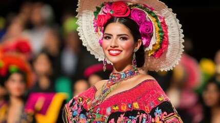 Miss Universe contestant in traditional dress, vibrant colors and detailed textures highlighting cultural beauty on stage