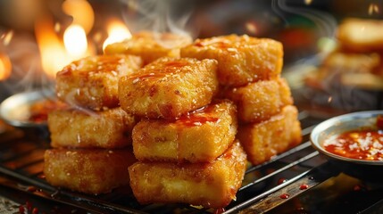 Closeup of crispy golden fried pastry fritters or tarts served on a rustic wooden plate with a small bowl of spicy dipping sauce or chili oil  The dish is steaming hot with a savory appetizing aroma
