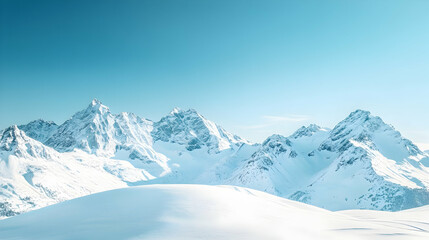 Majestic snowy alpine peaks under a clear blue sky, showcasing pristine beauty and the rugged charm of winter landscapes.

