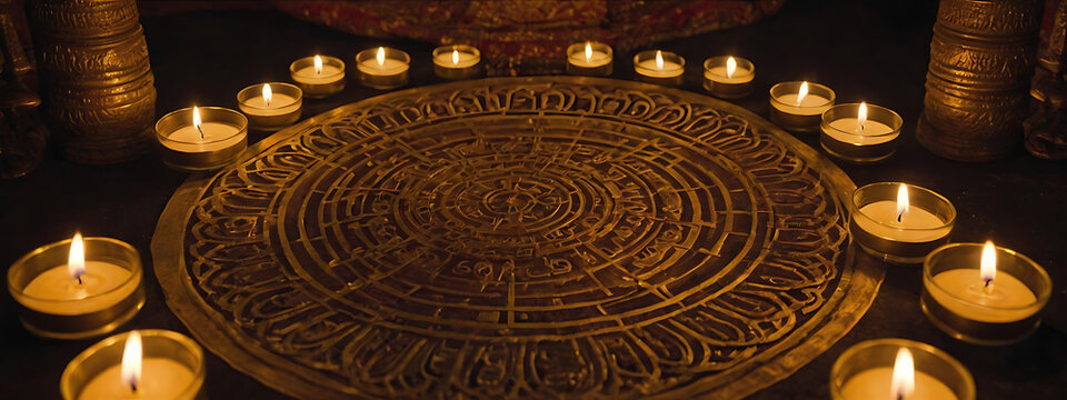 Mystical Tantra Vidya Practice with Sacred Geometric Patterns and Candles in an Ancient Temple