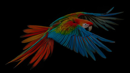 Fototapeta premium A vibrant, detailed parrot in mid-flight, with its wings spread wide, showcasing a rich array of colors