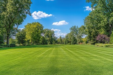 Lush green lawn with manicured grass and mature trees, a perfect summer day.