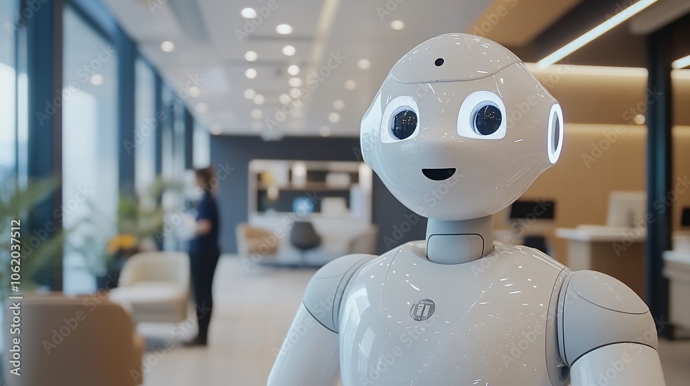 Poster a friendly white humanoid robot with large eyes stands in the middle of an office lobby with a perso