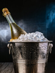 Bottle of sparkiling wine in bucket with crushed ice. © monticellllo