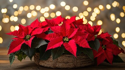 A festive arrangement of red poinsettia flowers in a woven basket with a bokeh background of warm white lights