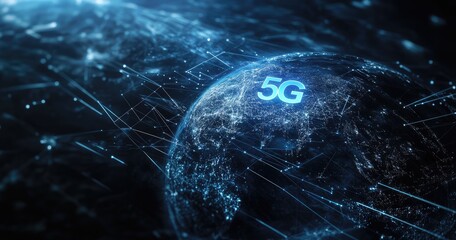 5G network concept with Earth planet and blue glowing connections on a dark background, digital communication technology stock photo contest winner, high quality.