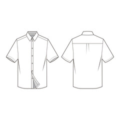 Short-sleeve shirt technical drawing, front and back view with classic collar, placket, and yoke seam, simple design.
