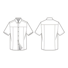 Short-sleeve shirt technical drawing with front and back yoke seams, collar, and button placket in a minimal design.
