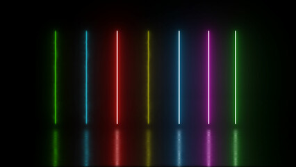 Neon long lines set. Rainbow border. Color laser beam. Realistic led neon tube. Shining night signboard.
