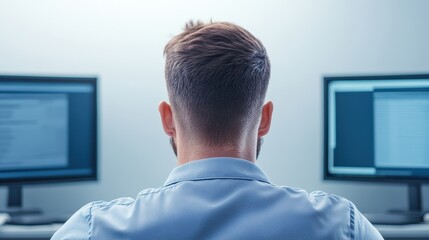 A man is sitting in front of two computer monitors, one of which is displaying a blue screen. The man is focused on his work, possibly working on a project or analyzing data