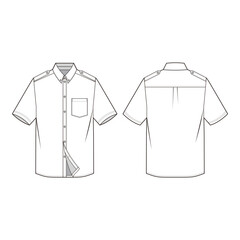 Short-sleeve shirt with collar, button placket, front pocket, and back yoke seam, technical illustration in minimalist style.
