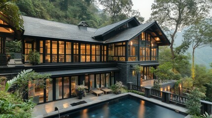 Fototapeta premium Modern luxury villa with swimming pool, outside view architecture