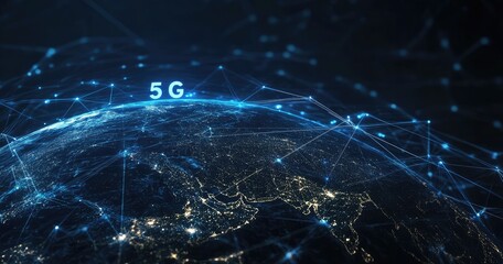 5G network concept with planet Earth and blue digital connections, text "5G" on top of the Earth in a dark background
