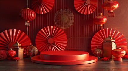 A red and gold room with red lanterns and a red pedestal