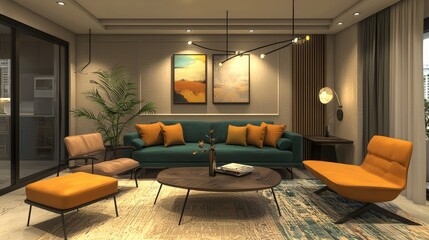 Living room design with a contemporary layout and vibrant decor