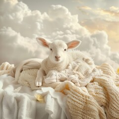 Adorable Lamb Resting in Soft Clouds