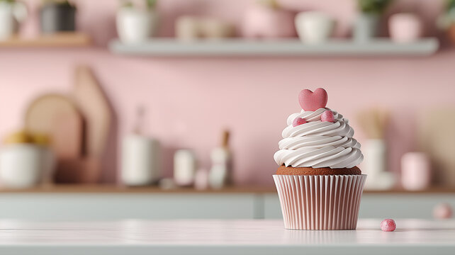 beautifully decorated cupcake with pink frosting and heart shaped topper sits on clean kitchen counter, surrounded by soft, pastel background