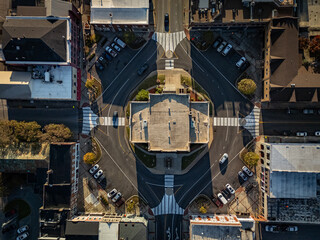 Top down drone view of the roundabout around Hardin county courthouse in Elizabethtown, Kentucky