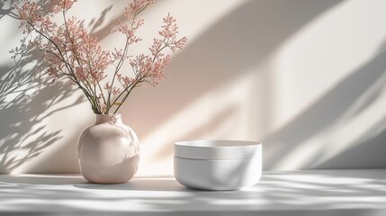 Soft Shadows on Clean White Background with Vase and Bowl