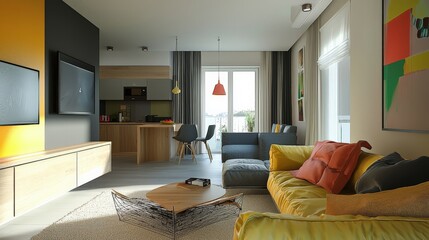 Living room design with a contemporary layout and vibrant decor