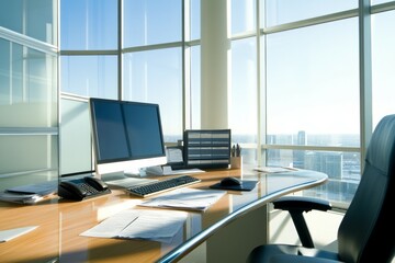 A minimalist administrative office with a large, modern wooden or glass desk
