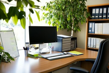 A minimalist administrative office with a large, modern wooden or glass desk