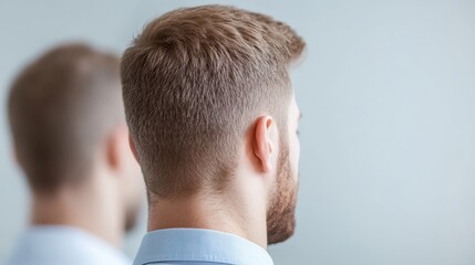 Obraz premium A man with a shaved head and a beard looking at the camera. The man is wearing a blue shirt