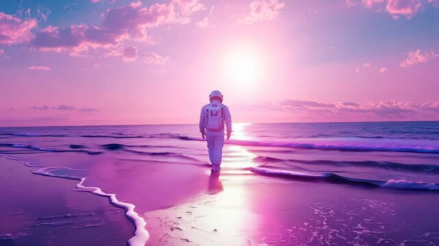 An Astronaut Strolling Along a Serene Beach During a Breathtaking Sunset, Creating a Dreamlike Scene