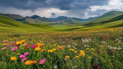 A vast field of colorful wildflowers blooms under a dramatic sky in a mountainous valley.