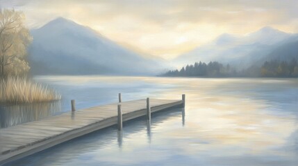 Naklejka premium Peaceful lake dock at dawn, soft pastel colors reflecting in calm waters, mountains in the background