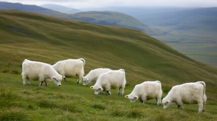 Obraz premium Herd of sheep grazing on a grassy hillside. The sheep are spread out across the hill, with some closer to the foreground and others further back. The scene is peaceful and serene