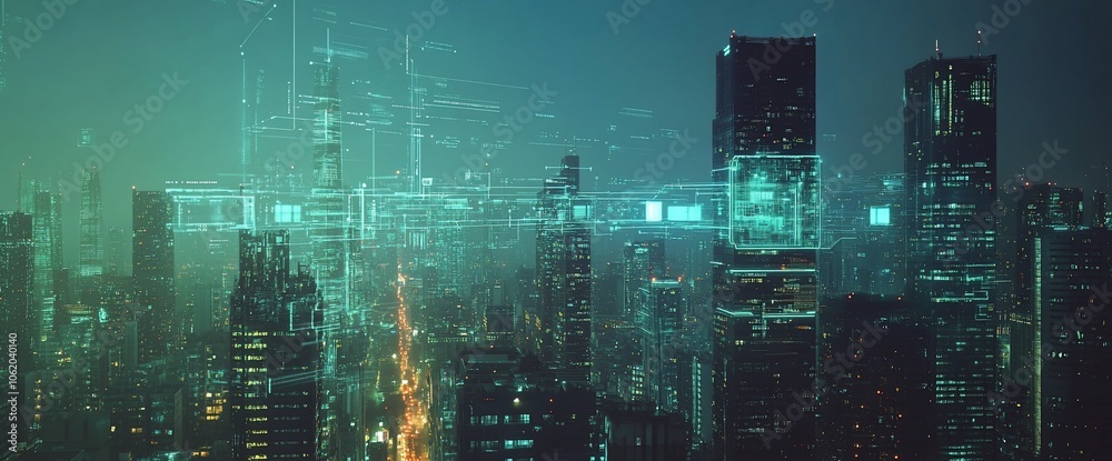 Aufkleber a futuristic cityscape at night with glowing digital lines and data connecting skyscrapers.