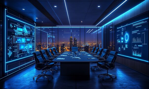 A futuristic boardroom with large windows overlooking a city skyline at night, featuring blue neon lights and digital displays on the walls.