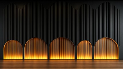 Long, black wall with a series of arched openings. The arches are lit up with a warm, yellow glow, creating a sense of depth and dimension. Scene is one of elegance and sophistication