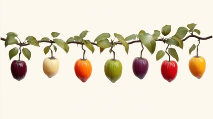 Persimmons in various stages of ripeness on a tree branch, each fruit with unique color gradients and realistic texture