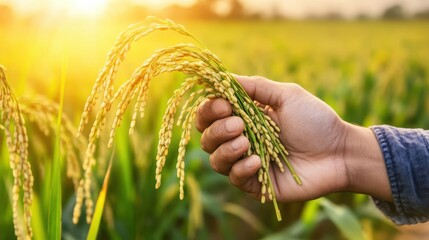 Farmer Holding Ripe Rice Grain at Sunset in Paddy Field