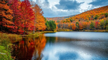 Fototapeta premium A picturesque autumn scene with vibrant red, orange, and yellow trees surrounding the tranquil lake